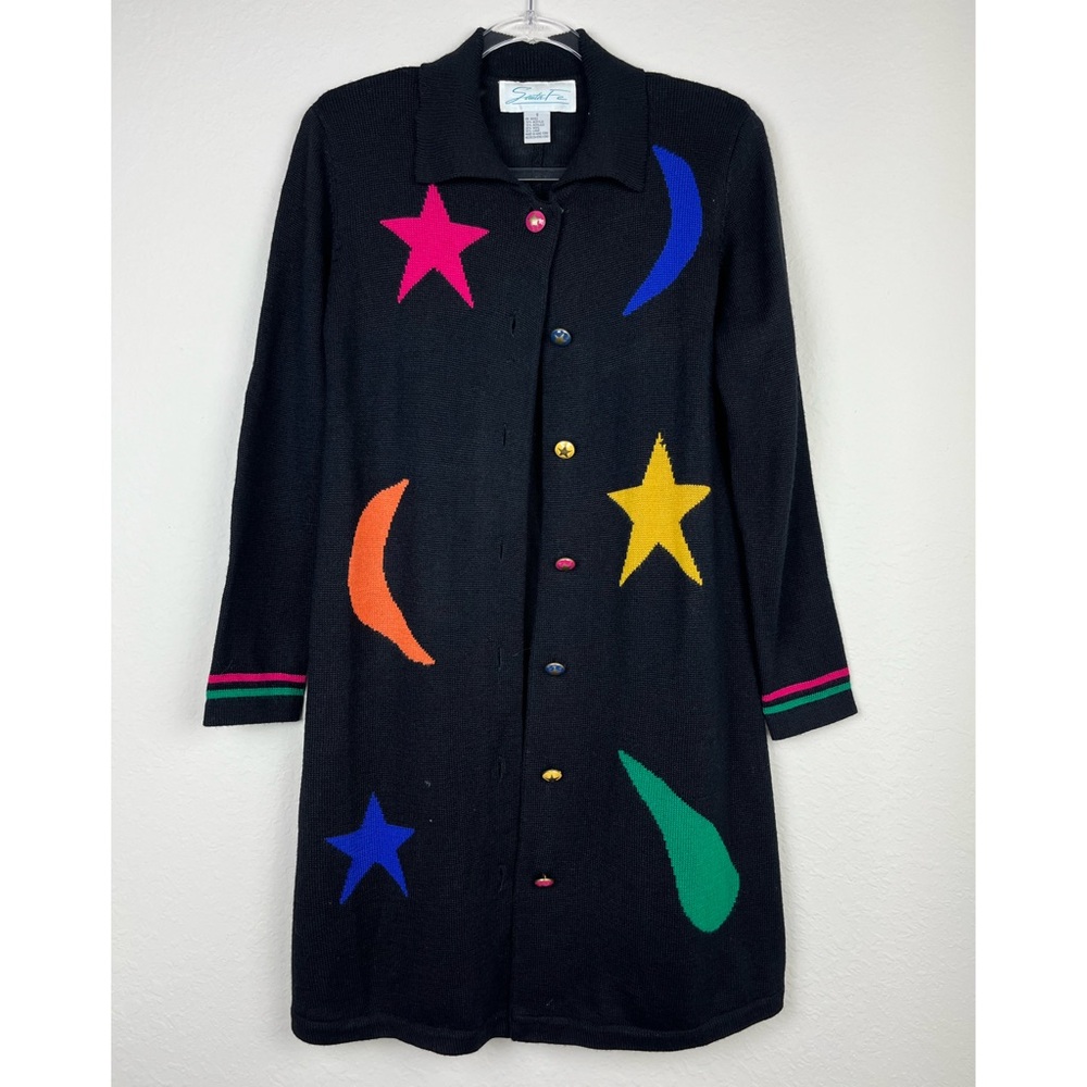 Vintage Colorful Star and Moon Patterned Black Cardigan Size Small